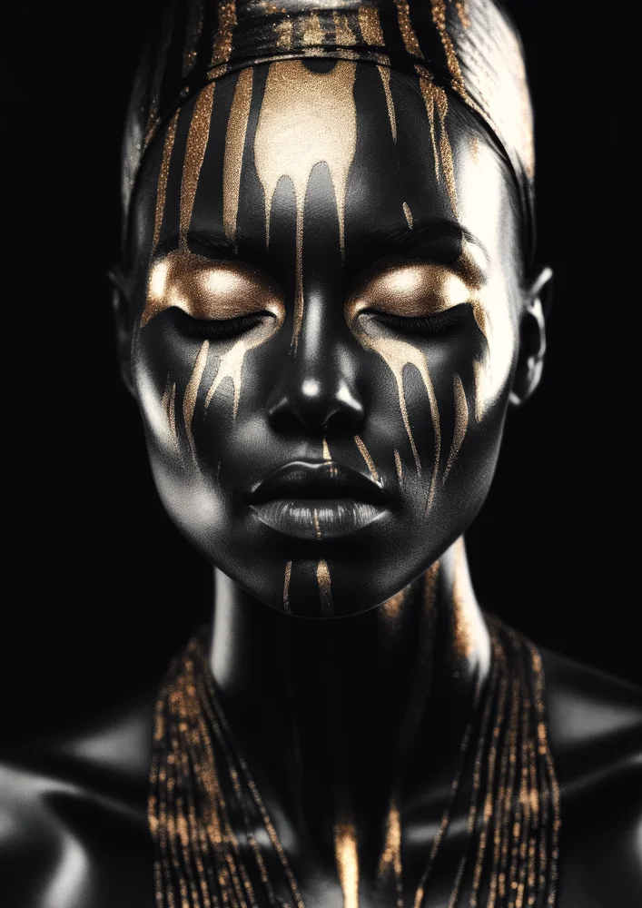 Tablou canvas: Portret cu Accente Aurii pe Fundal Negru (2) - Thumbnail 2