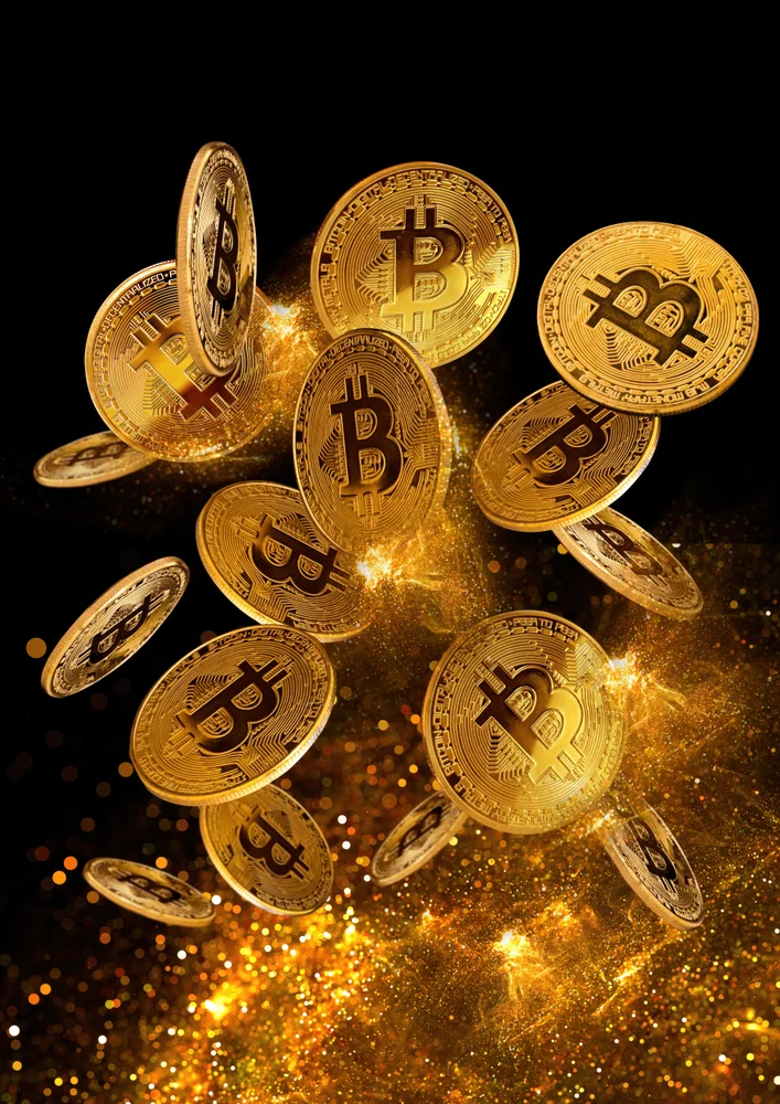 Tablou canvas: Monede Bitcoin în Suspensie Aurie - Thumbnail 2