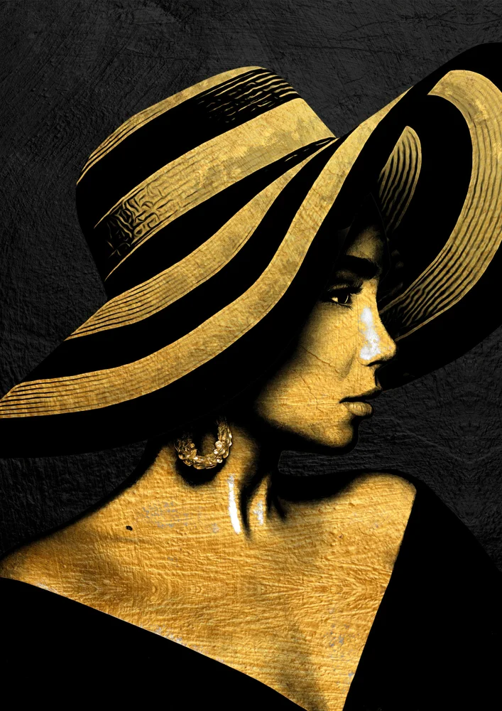 Tablou canvas: Siluetă Eleganta cu Pălărie și Cercei Aurii - Thumbnail 2