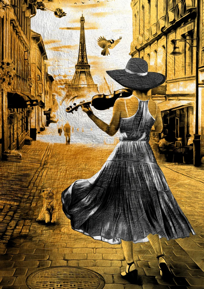 Tablou canvas: Femeie cu Vioară și Turnul Eiffel - Thumbnail 2