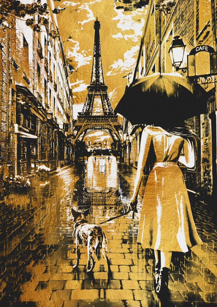 Tablou canvas: Paris Pluvial cu Umbrelă și Câine - Thumbnail 2