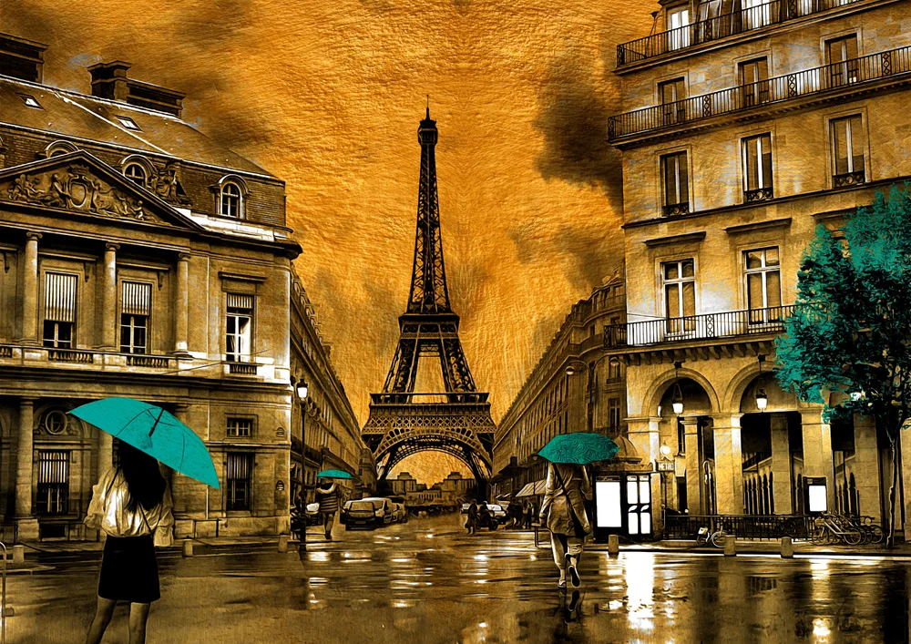 Tablou canvas: Paris la Apus cu Umbrele Turcoaz - Thumbnail 2