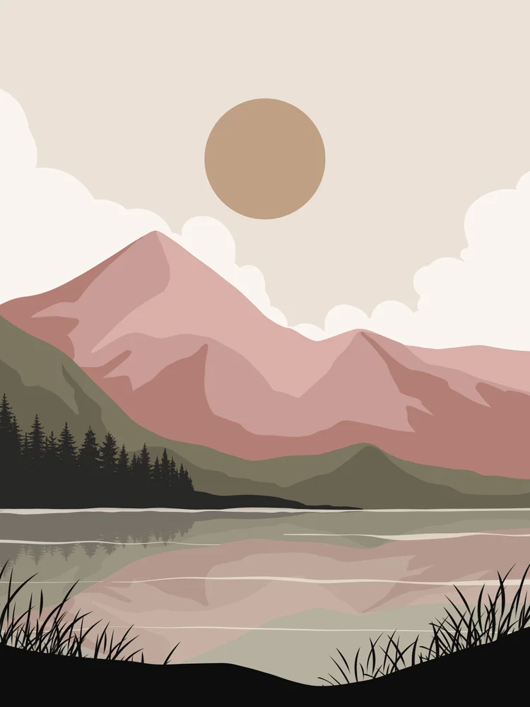 Tablou canvas: Peisaj Abstract cu Munte Roz și Lac - Thumbnail 2