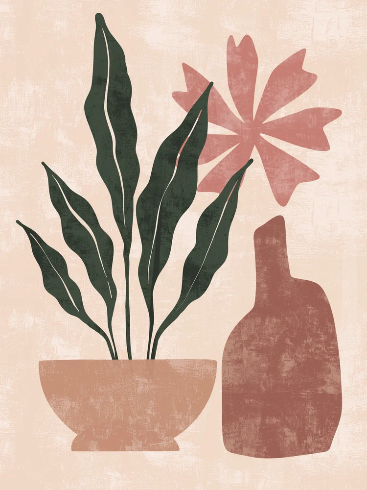 Tablou canvas: Plante Abstracte cu Vază și Floare Roșie - Thumbnail 2