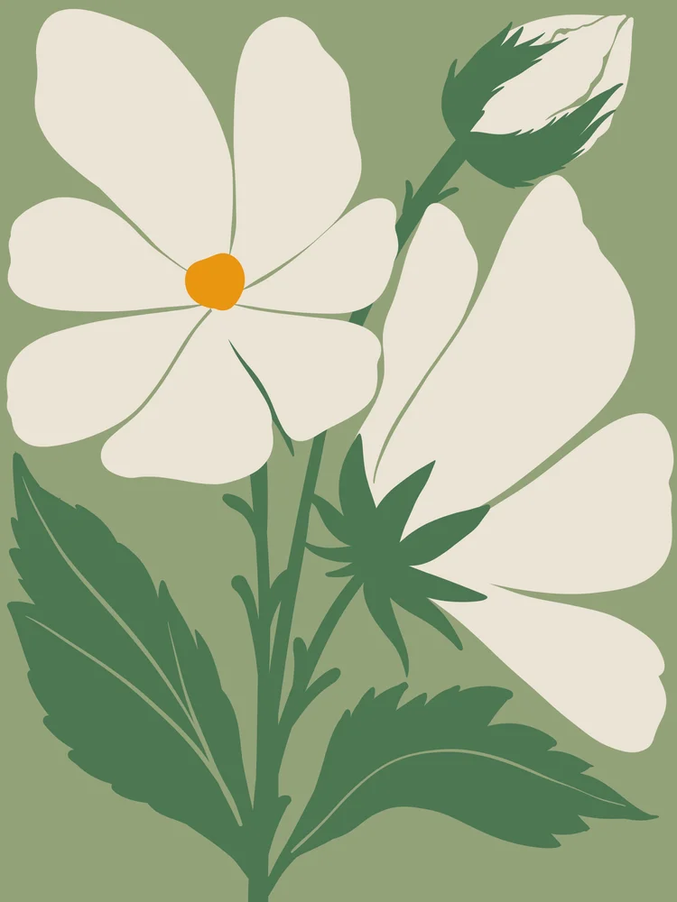 Tablou canvas: Flori Albe pe Fundal Verde Pastel - Thumbnail 2