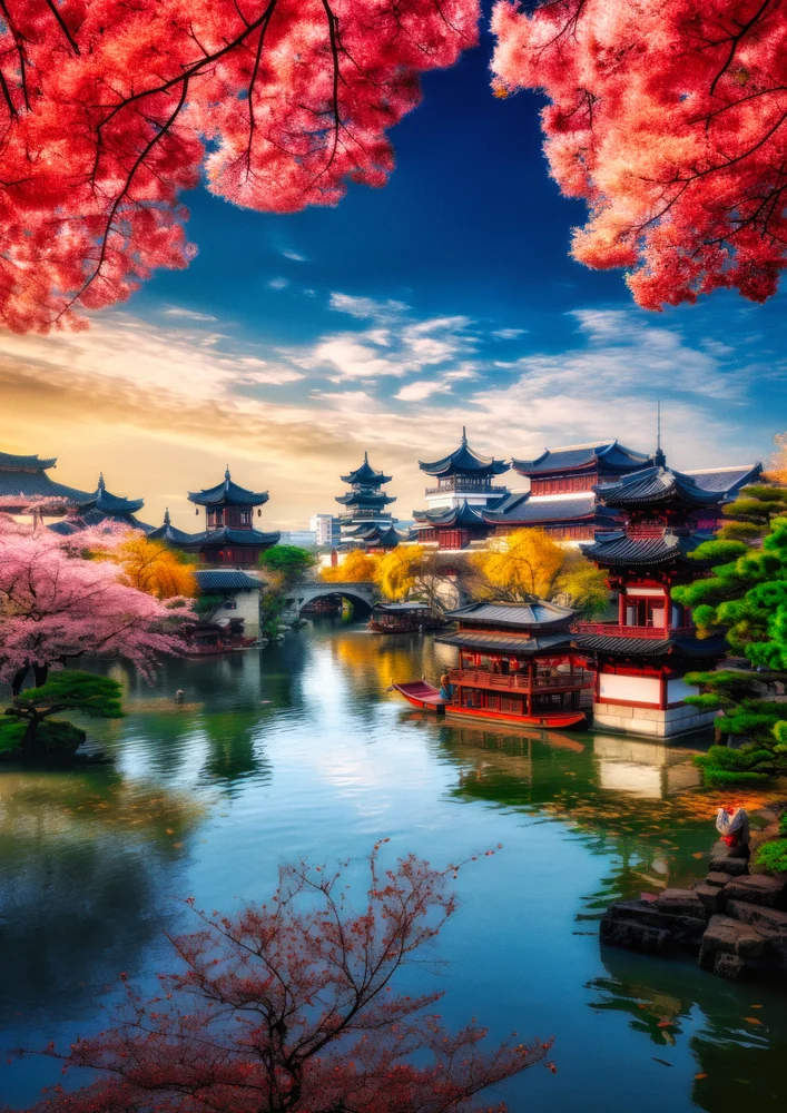 Tablou canvas: Peisaj Oriental cu Templu și Cireși - Thumbnail 2