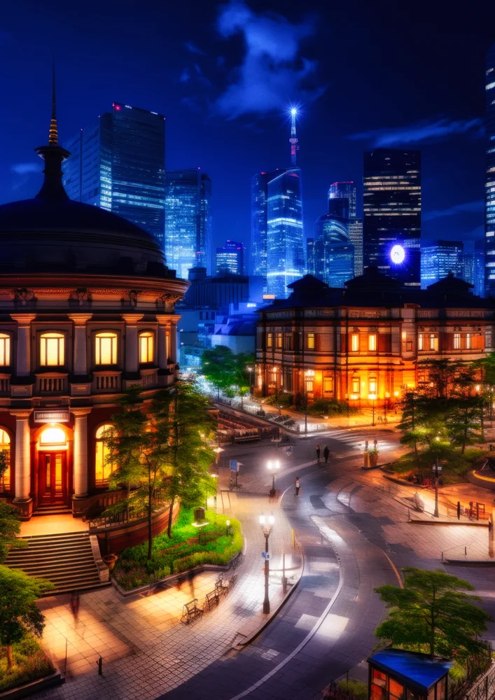 Tablou canvas: Peisaj Urban Nocturn cu Clădiri Iluminate - Thumbnail 2