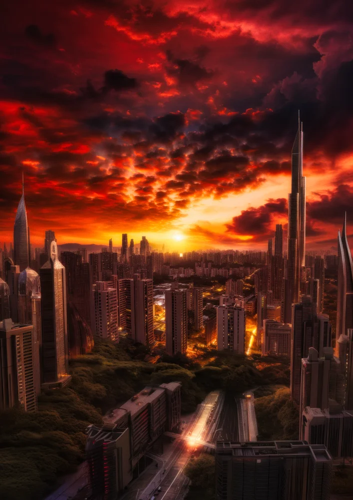 Tablou canvas: Apus Urban peste Metropolă Futuristică - Thumbnail 2