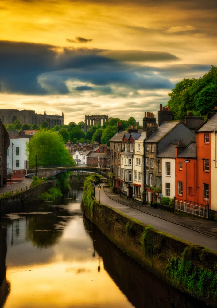 Tablou canvas: Peisaj Urban la Apus cu Râu și Clădiri - Thumbnail 2